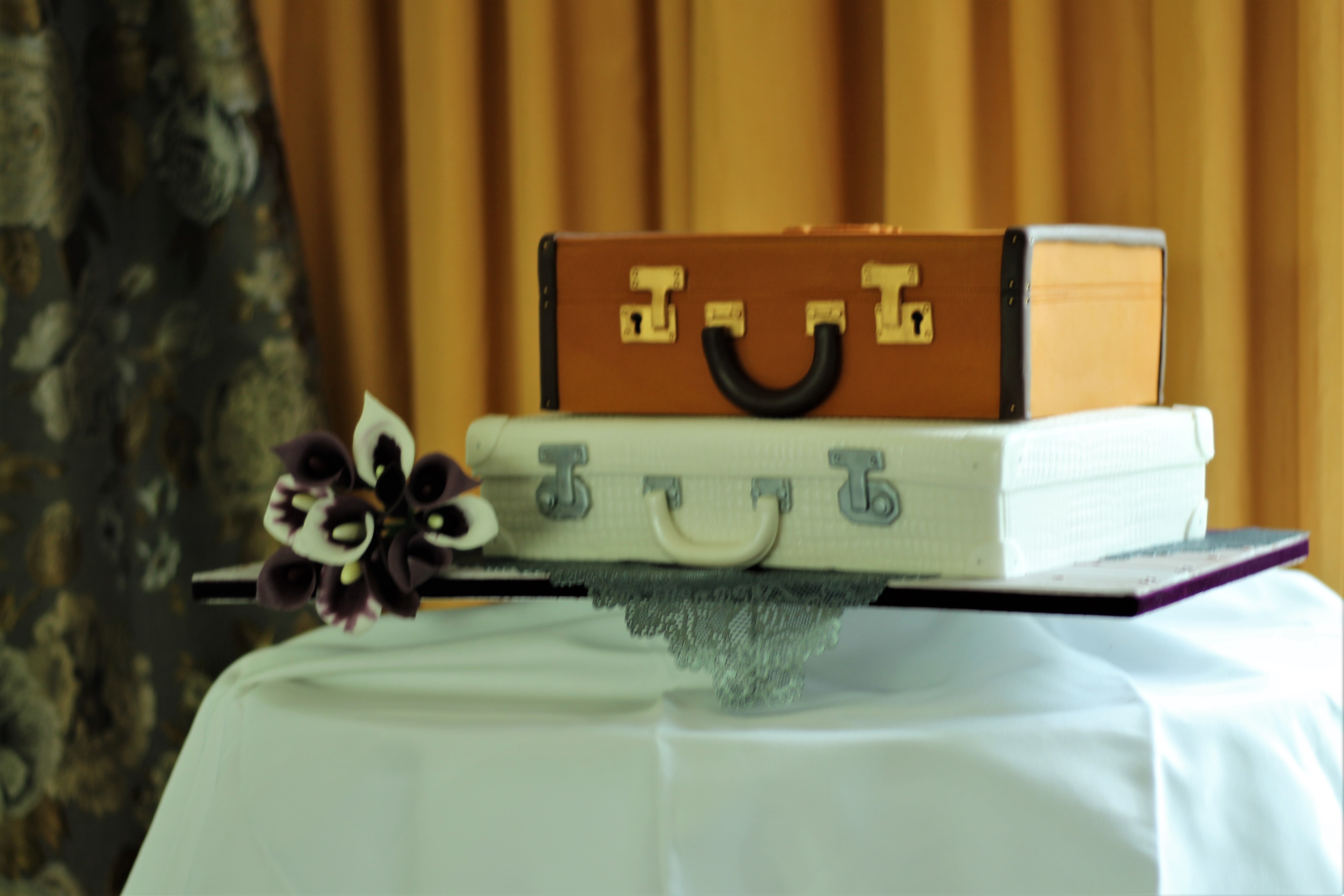 Two cake suitcases stacked on top of each other